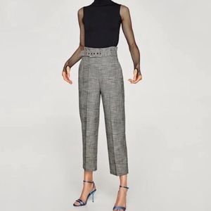 Zara Gray High Waisted Checked Pants With Belt